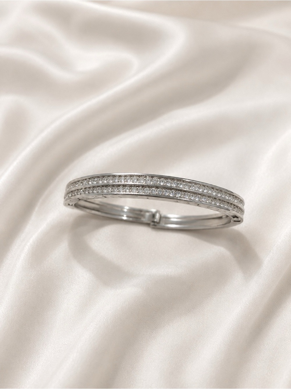 Sterling Silver Pavé Crystal Double-Row Bangle Bracelet - Silver